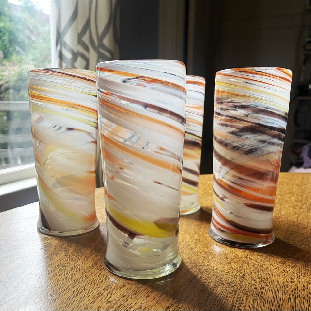 Italian Murano Handblown Pastel Swirl Glass Tumbler Highball Glasses Set of 3